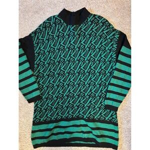 Helen Hsu Sweater Women Large Green Geometric Knit Vintage Mock Neck Soft